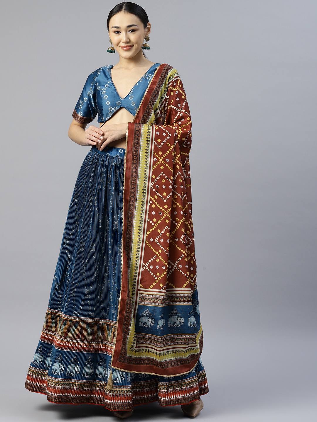 

Readiprint Fashions Printed Unstitched Lehenga & Blouse With Dupatta, Navy blue
