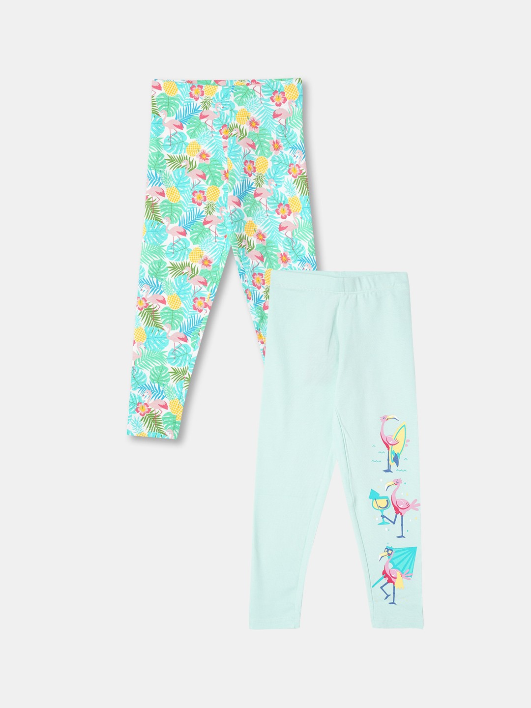 

R&B Girls Pack Of 2 Ankle Length Floral Printed Cotton Leggings, Green