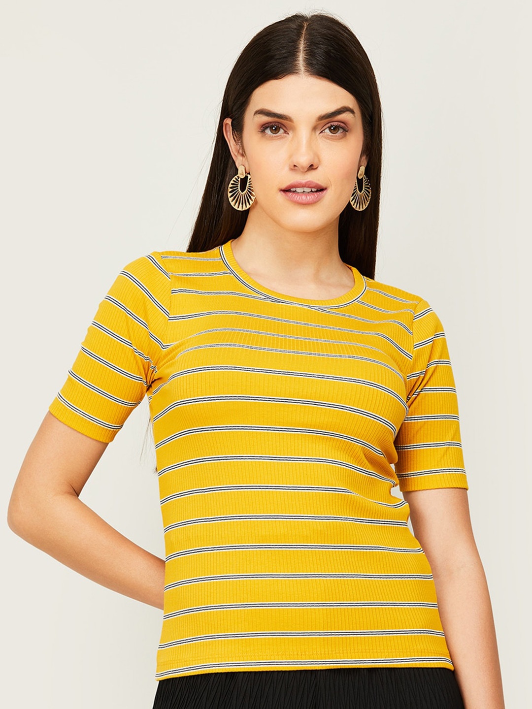 

CODE by Lifestyle Round Neck Striped Cotton Top, Mustard