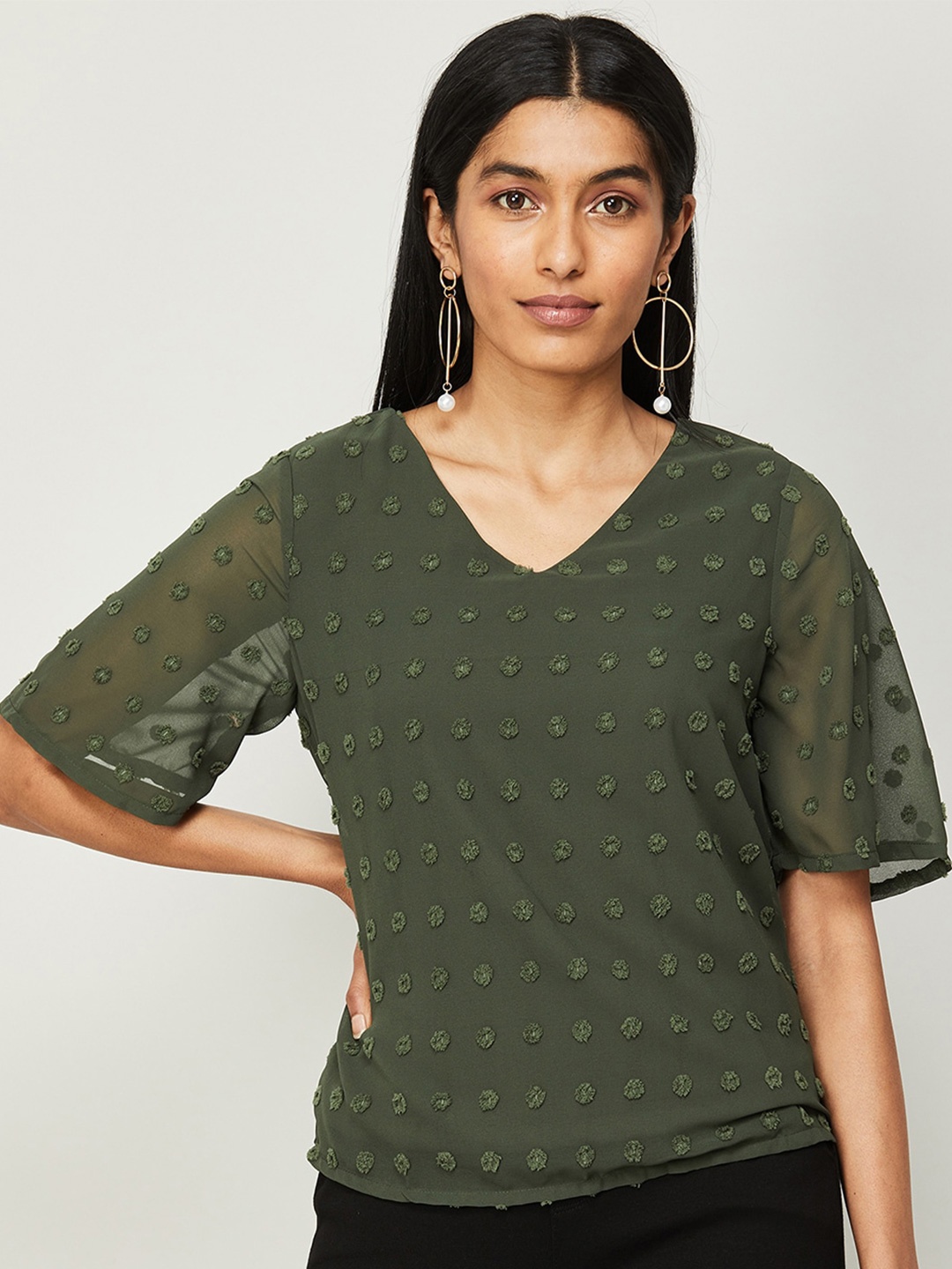 

CODE by Lifestyle V-Neck Regular Fit Self Design Top, Olive