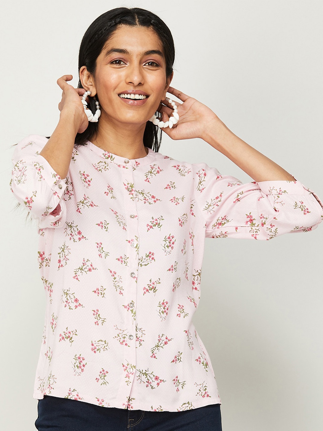 

CODE by Lifestyle Cuffed Sleeves Floral Print Mandarin Collar Top, Pink