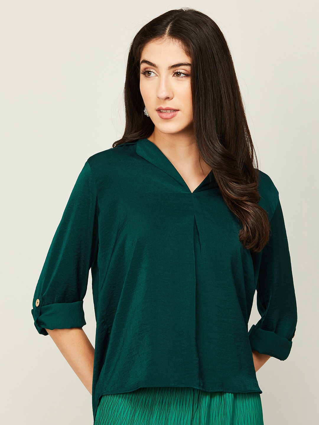 

CODE by Lifestyle Shirt Collar Roll-Up Sleeves Top, Green