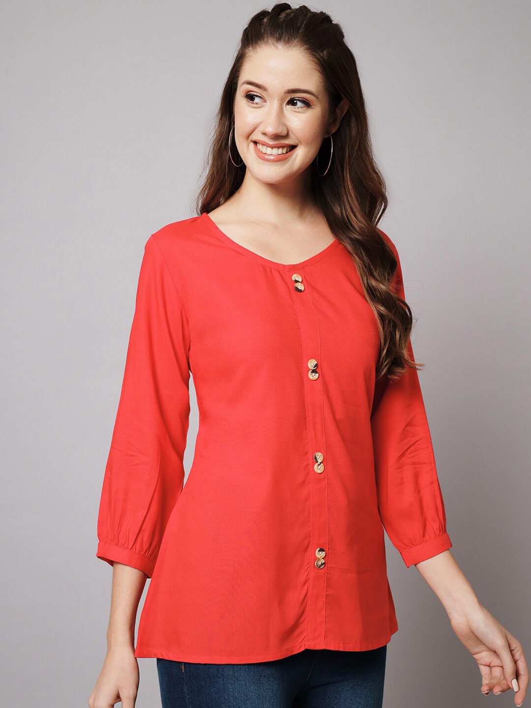 

Meeranshi Puff Sleeves Butoned A-Line Top, Red