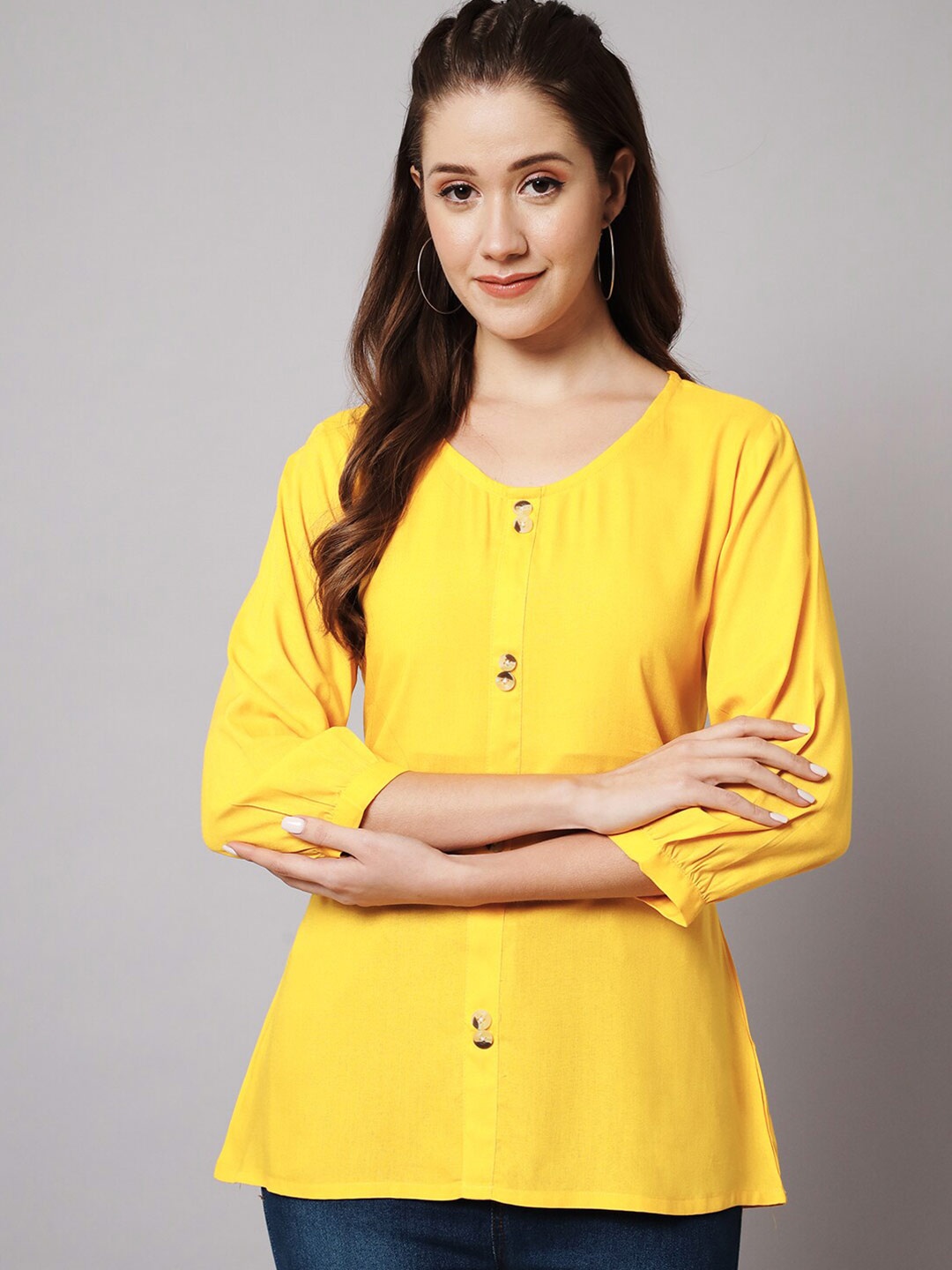 

Meeranshi Puff Sleeves Butoned A-Line Top, Yellow