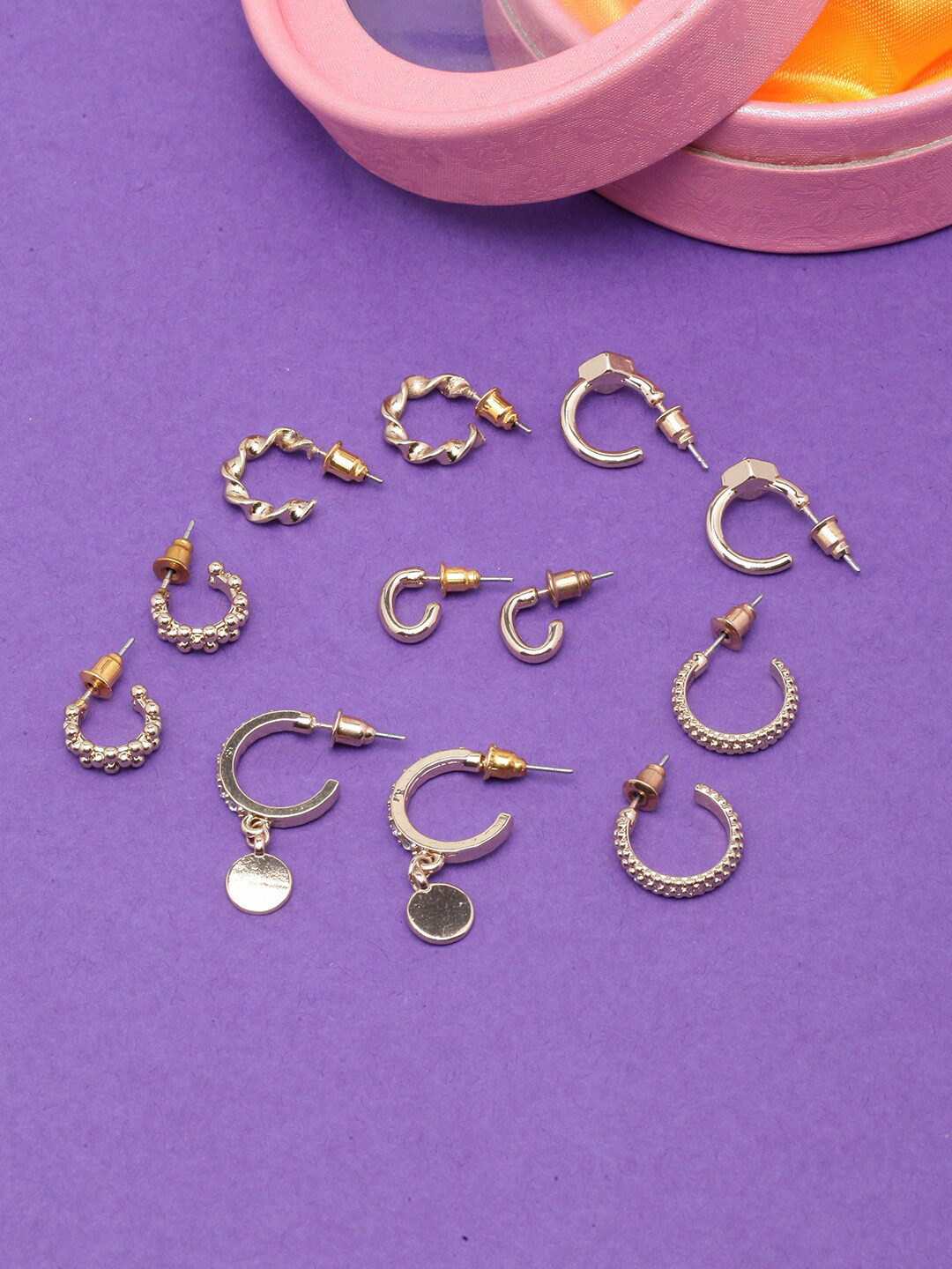 

DIVA WALK Set Of 6 Gold-Plated Circular Half Hoop Earring