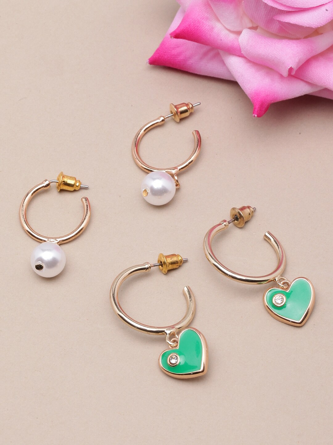

DIVA WALK Set Of 2 Gold-Plated Pearls Studded Circular Enamelled Half Hoop Earrings