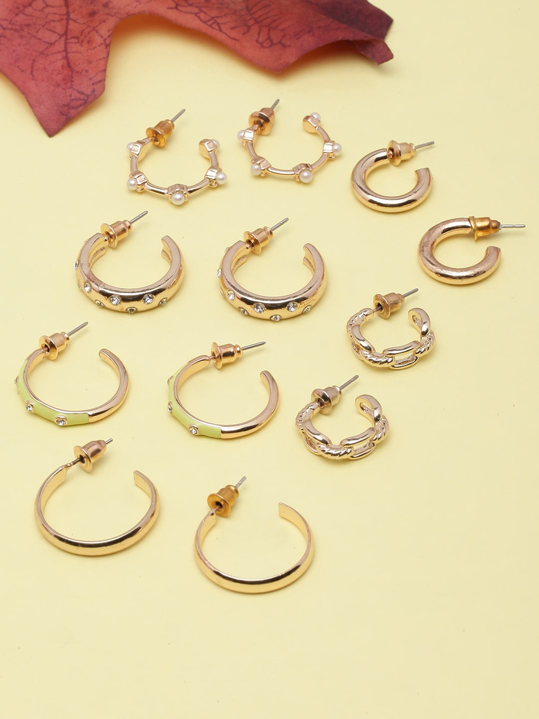 

DIVA WALK Set Of 6 Gold-Plated Stone-Studded & Beaded Circular Half Hoop Earrings, White