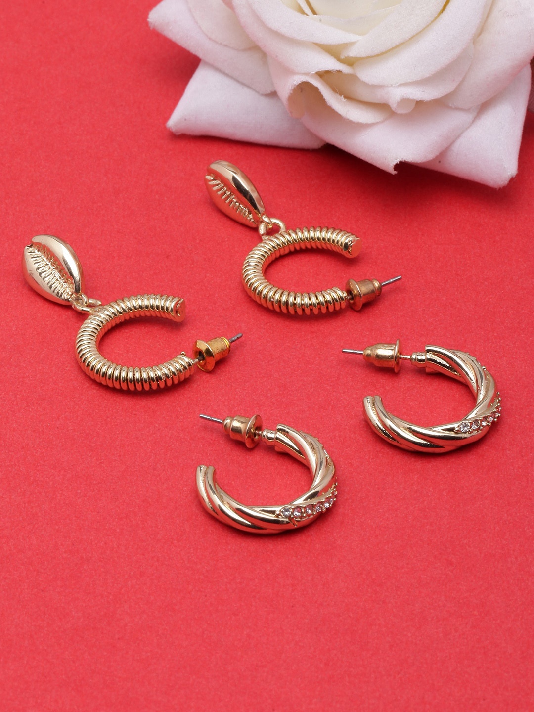 

DIVA WALK Set Of 2 Gold-Plated Stone-Studded Circular Half Hoop Earrings, White