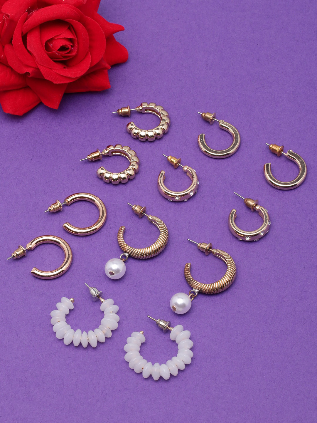 

DIVA WALK Set Of 6 Gold-Plated Circular Half Hoop Earrings, White