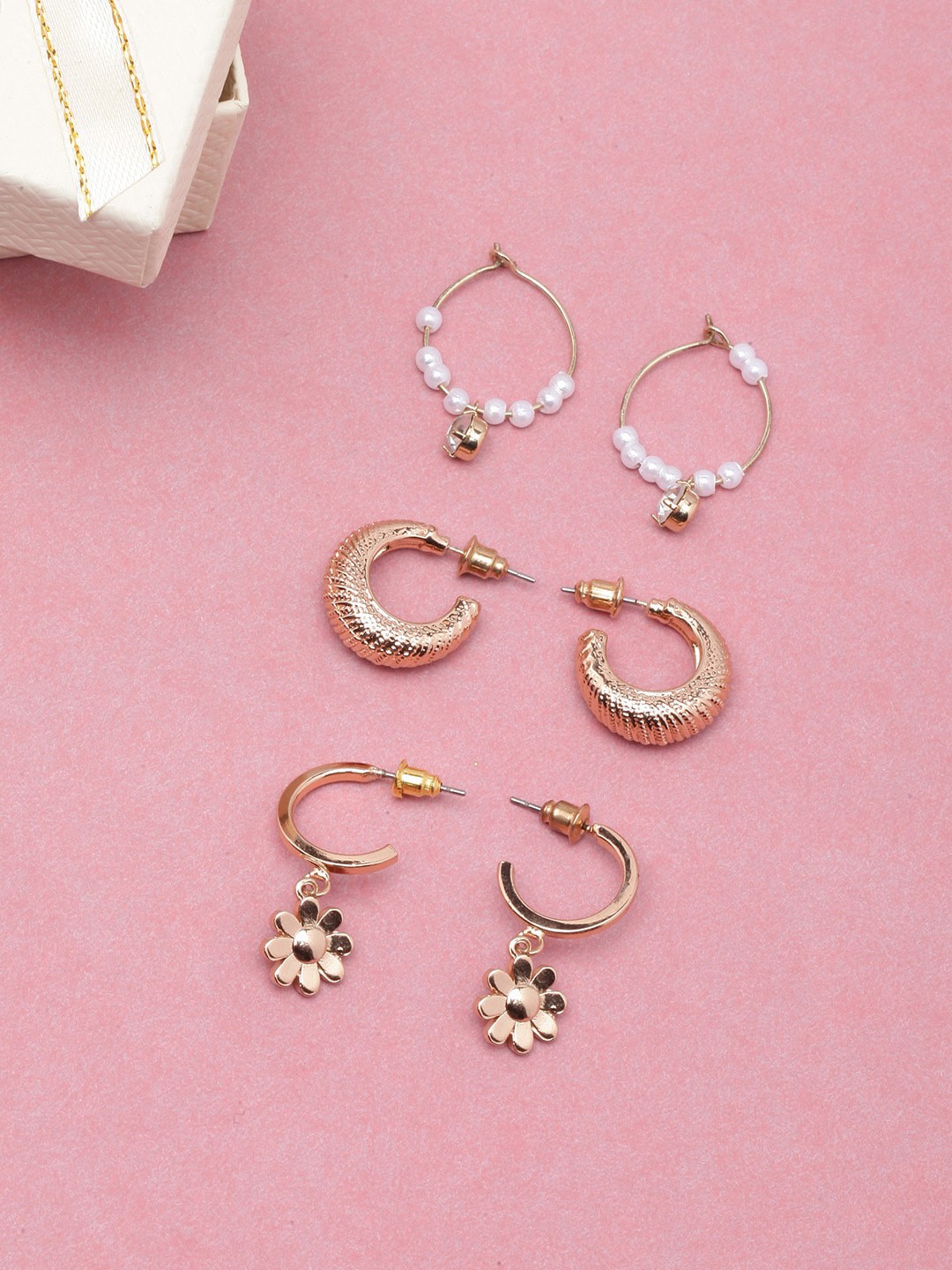 

DIVA WALK Set Of 3 Gold-Plated Contemporary Hoop Earrings, White