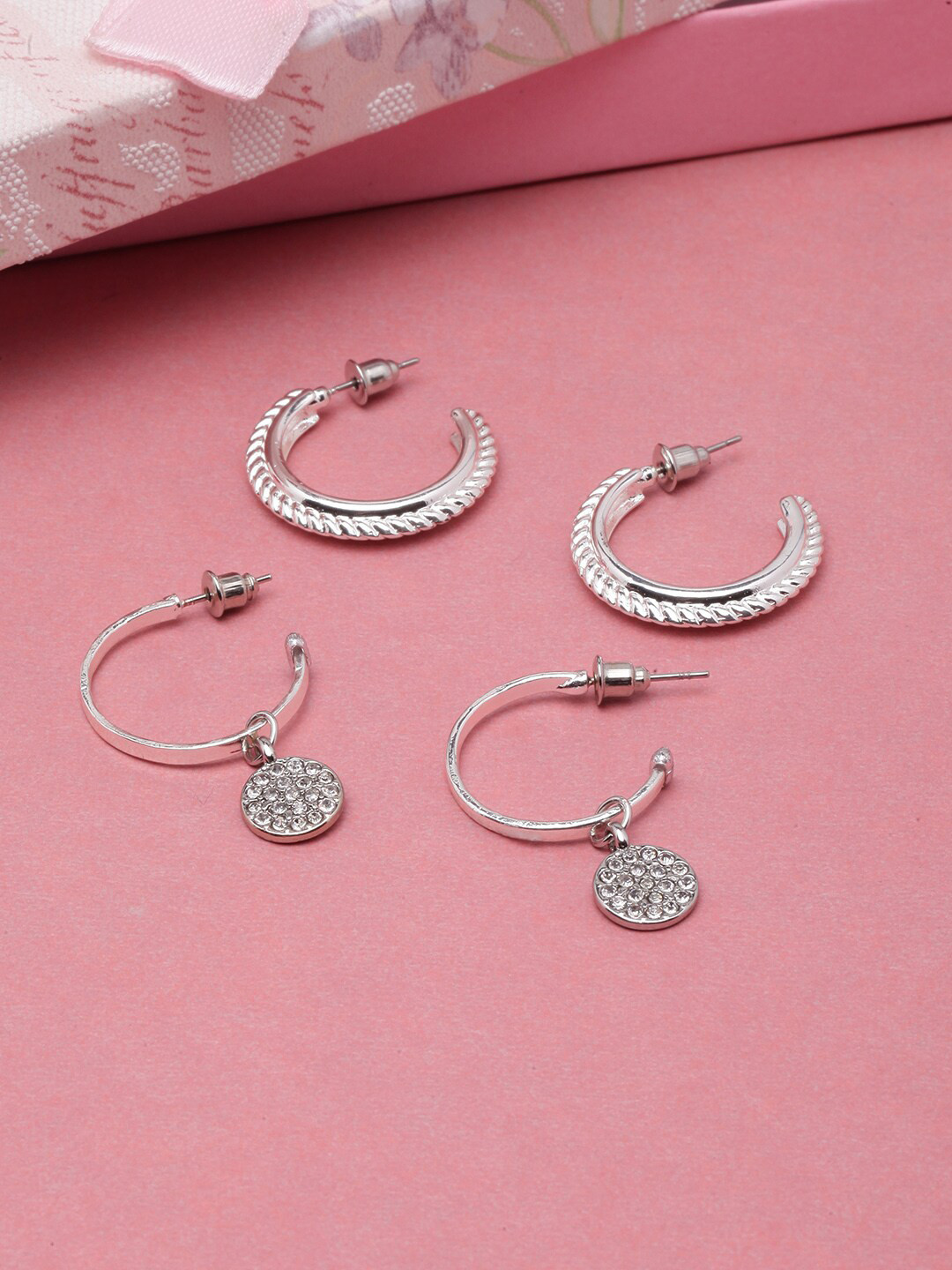 

DIVA WALK Set Of 2 Silver-Plated Stone Studded Circular Half Hoop Earrings