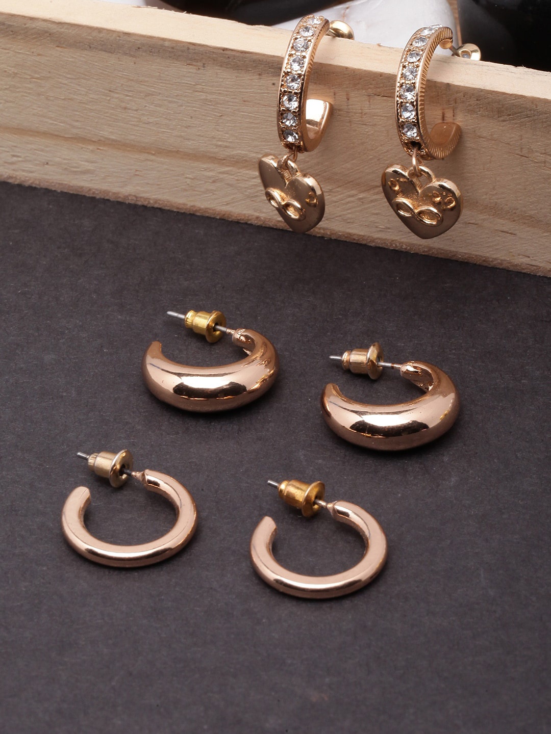 

DIVA WALK Set Of 3 Gold-Plated Rhinestone Studded Circular Half Hoop Earrings
