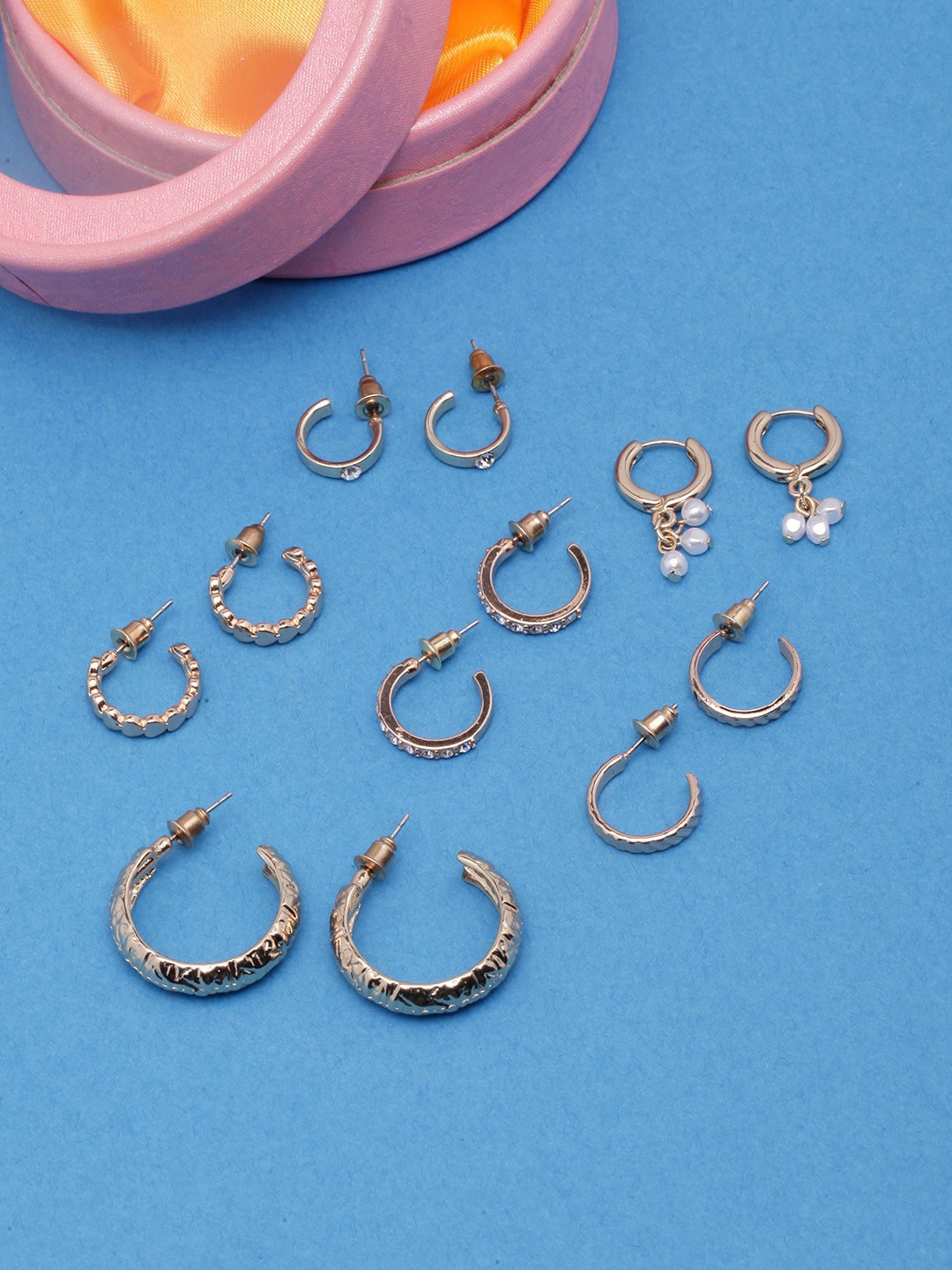 

DIVA WALK Set Of 6 Gold-Plated Stone-Studded & Beaded Circular Half Hoop Earrings, White