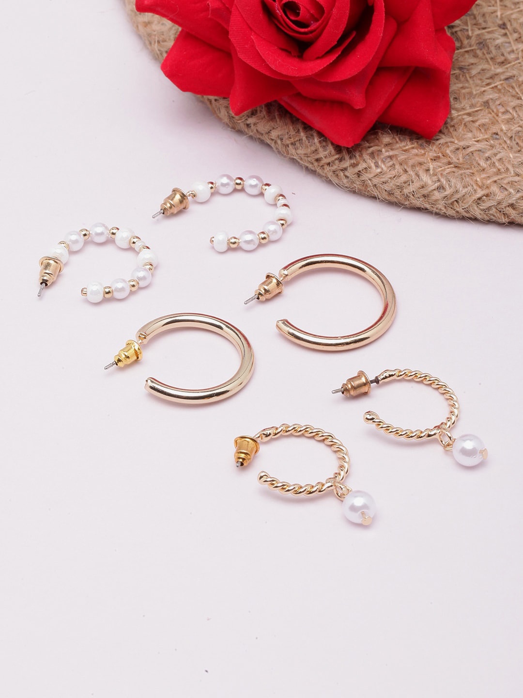 

DIVA WALK Set Of 3 Gold-Plated Beaded Circular Half Hoop Earrings, White