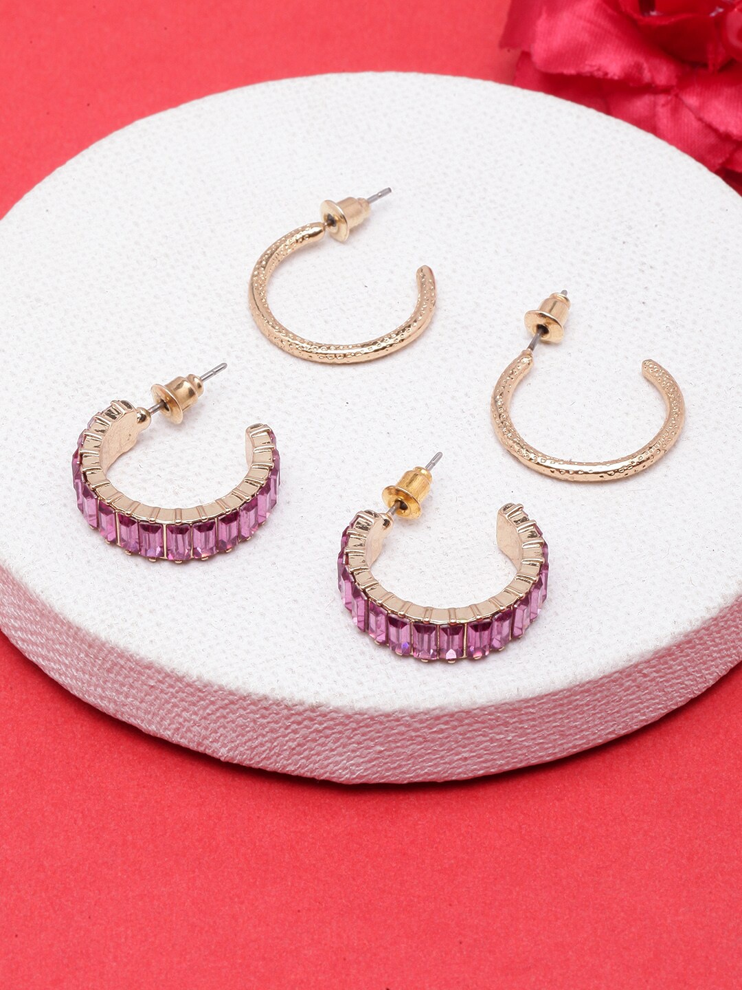 

DIVA WALK Set Of 2 Gold-Plated Rhinestone Studded Circular Half Hoop Earrings, Pink