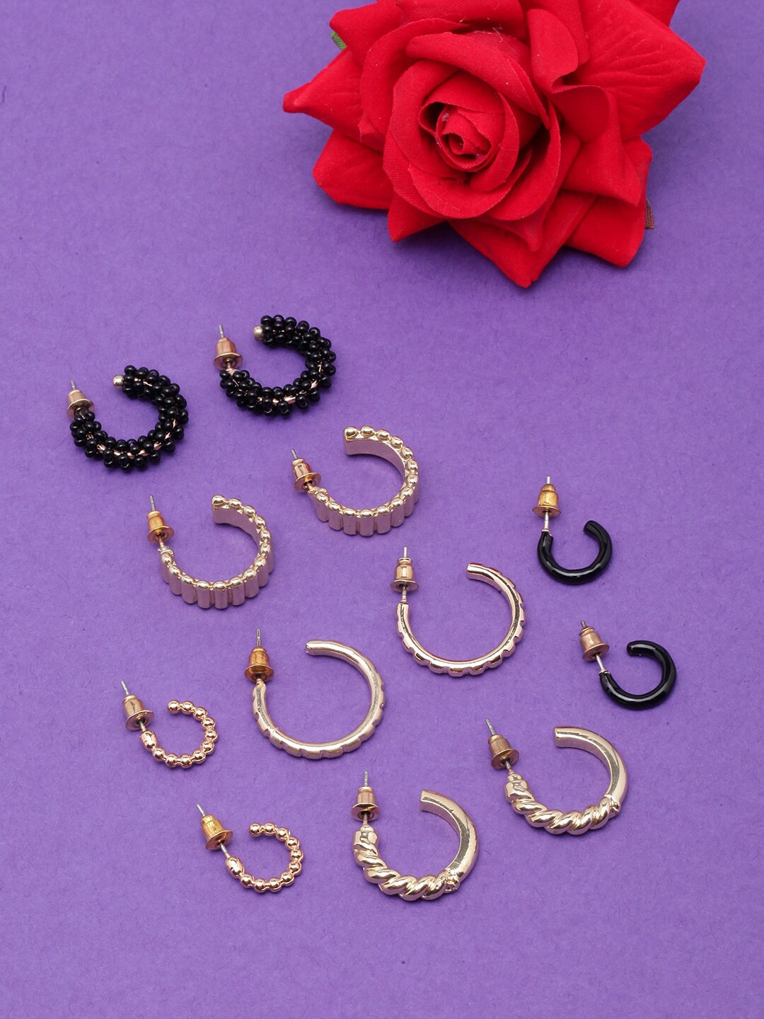 

DIVA WALK Set Of 6 Gold-Plated Circular Beaded Half Hoop Earrings, Black