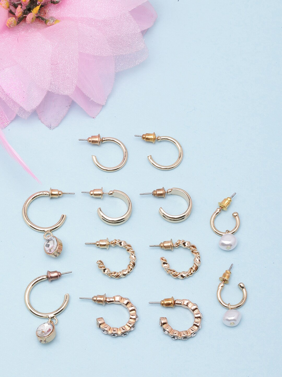

DIVA WALK Set Of 6 Gold-Plated Pearls Studded Half Hoop Earrings