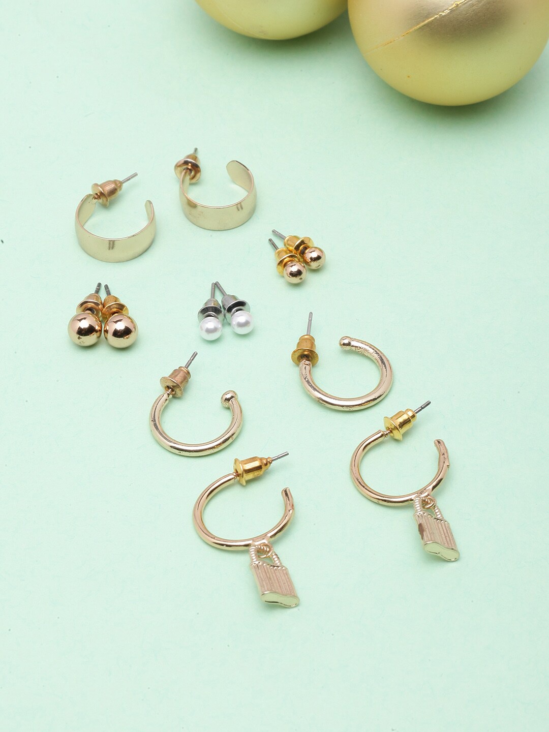 

DIVA WALK Set Of 6 Gold-Plated Circular Studs & Half Hoop Earrings, White
