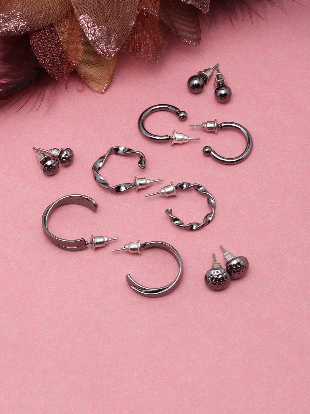

DIVA WALK Set Of 6 Rhodium-Plated Circular Half Hoop Earrings, Black