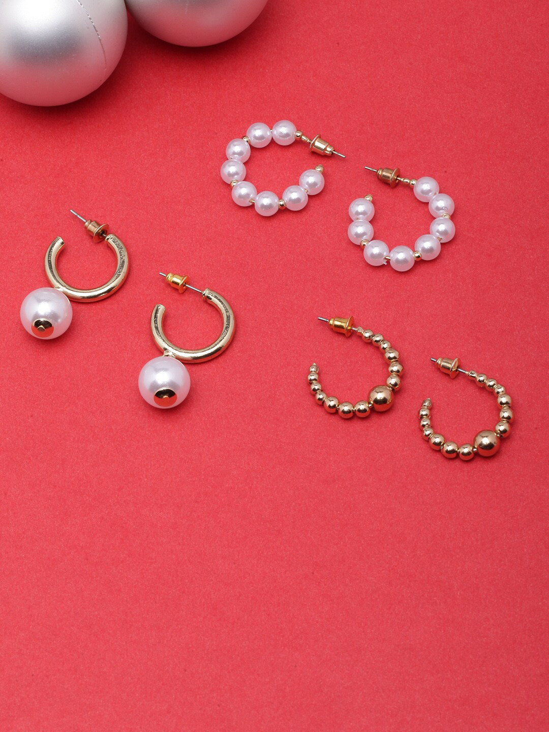 

DIVA WALK Set Of 3 Gold-Plated Circular Half Hoop Earrings, White