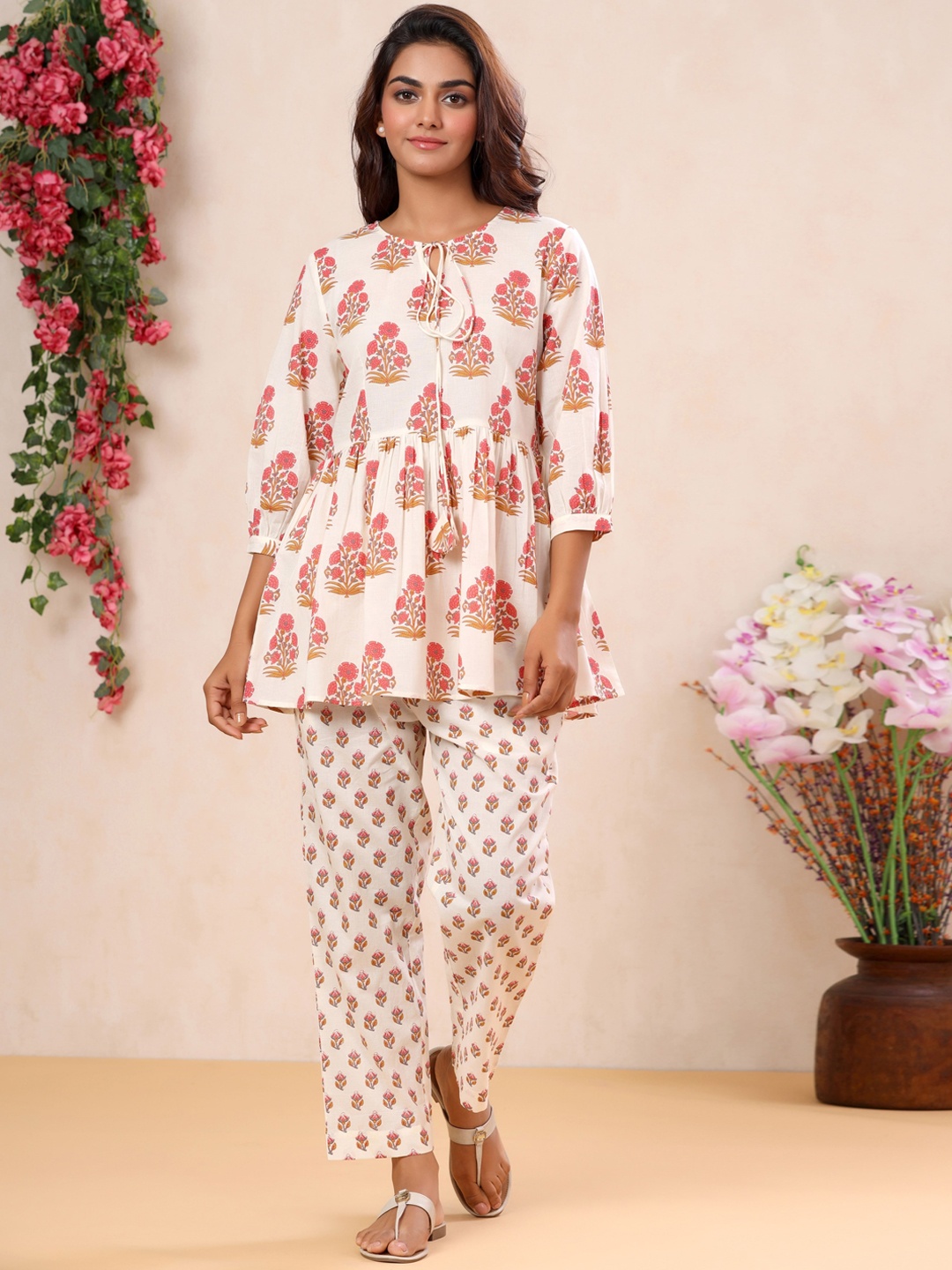 

mirari Ethnic Motifs Printed Pure Cotton Top with Trousers Co-Ord Set, White