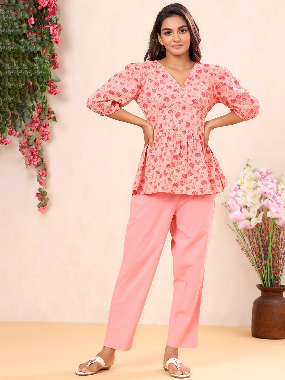 

mirari Floral Printed Pure Cotton Top with Trousers, Pink