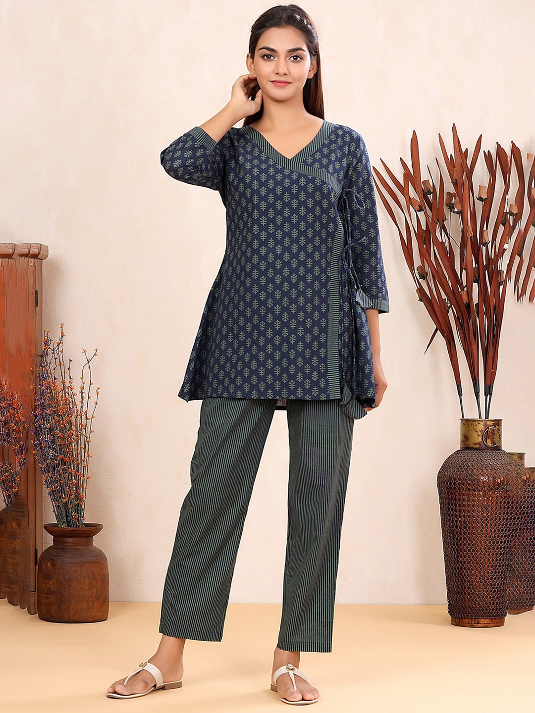 

mirari Ethnic Printed Pure Cotton Angrakha Style Tunic with Trousers, Grey