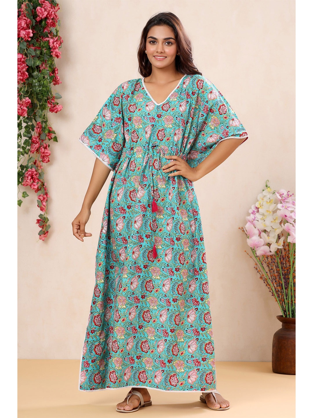 

mirari Printed Cotton Kaftan Maxi Nightdress, Turquoise blue