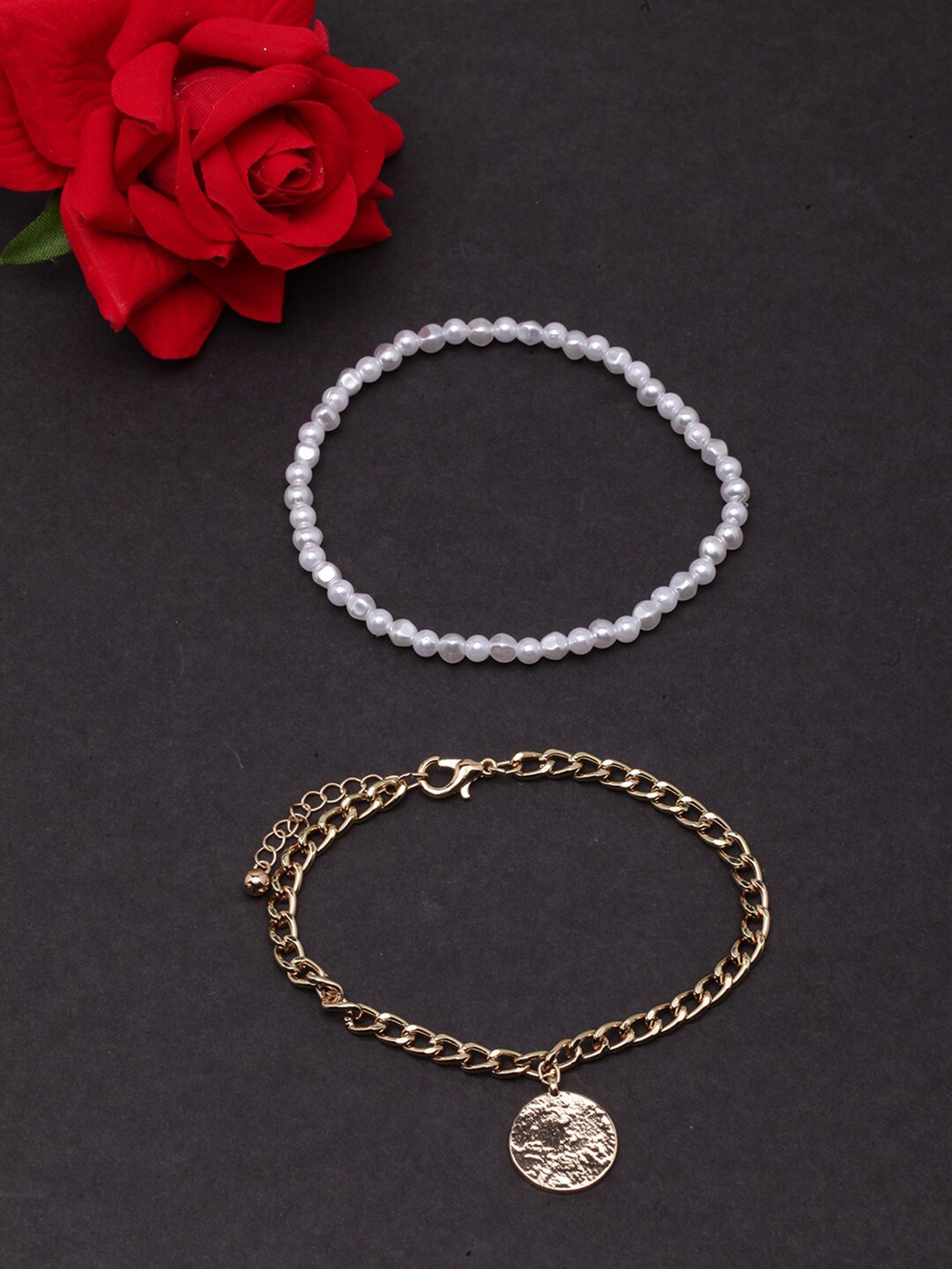 

DIVA WALK Women 2 Gold-Toned & White Brass Pearls Gold-Plated Charm Bracelet