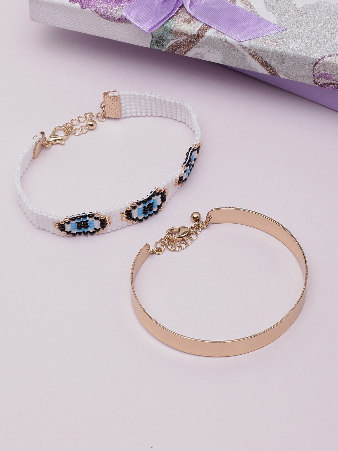 

DIVA WALK Women 2 Gold-Toned & White Brass Gold-Plated Charm Bracelet