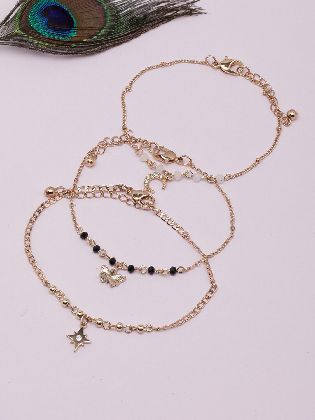 

DIVA WALK Women 3 Gold-Toned & Black Brass Antique Gold-Plated Charm Bracelet
