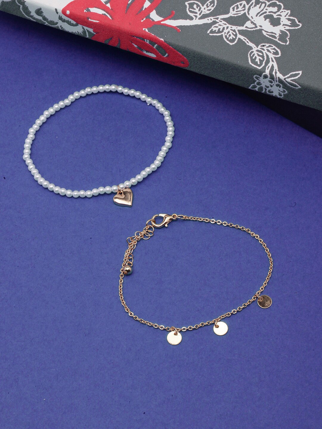 

DIVA WALK Women 2 Gold-Toned & White Brass Gold-Plated Charm Bracelet