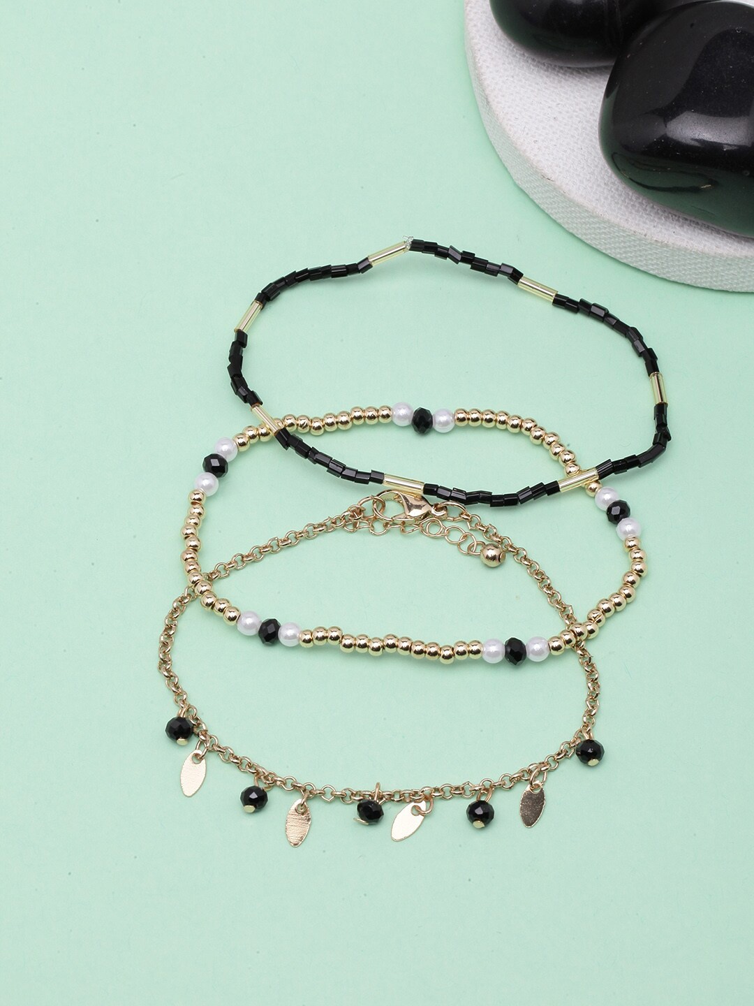 

DIVA WALK Women 3 Gold-Toned & Black Brass Gold-Plated Charm Bracelet