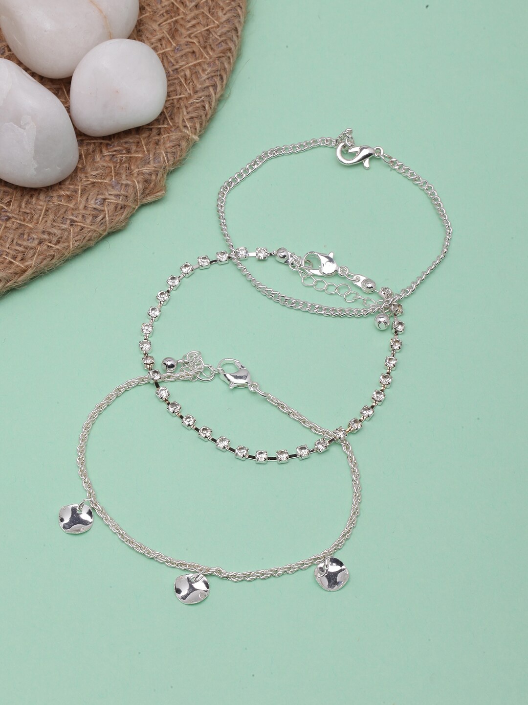 

DIVA WALK Women Set of 3 Brass Silver-Plated Charm Bracelet