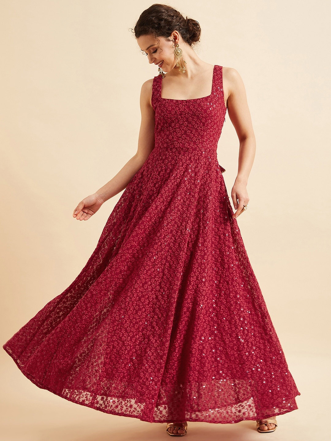 

PANIT Embroidered Georgette Fit & Flare Ethnic Maxi Dress, Red