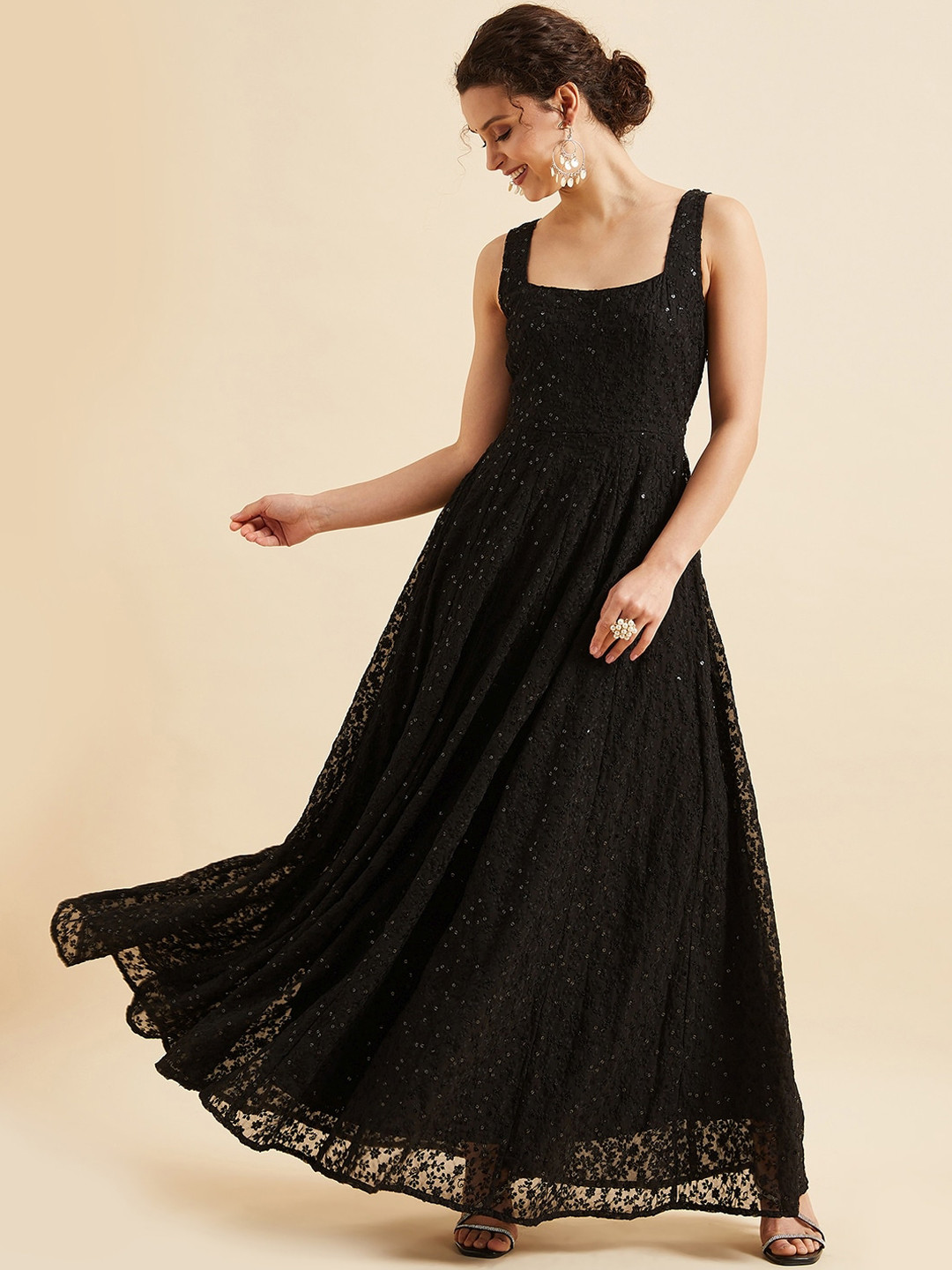 

PANIT Embroidered Georgette Fit & Flare Maxi Dress, Black