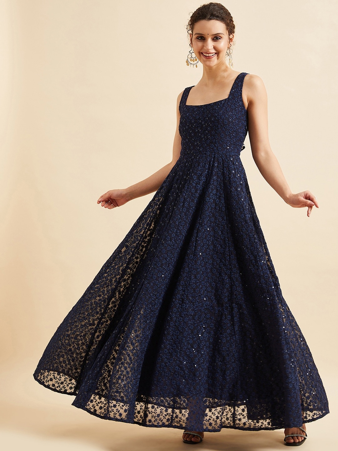 

PANIT Embroidered Georgette Fit & Flare Maxi Dress, Navy blue