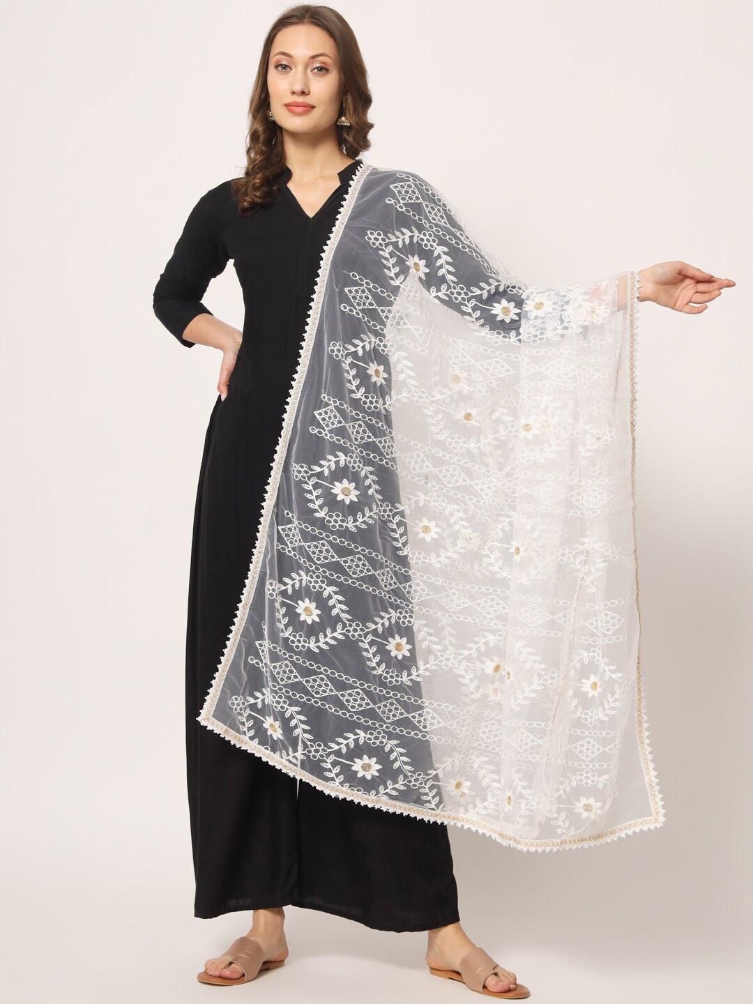 

Zamour Embroidered Net Dupatta, White