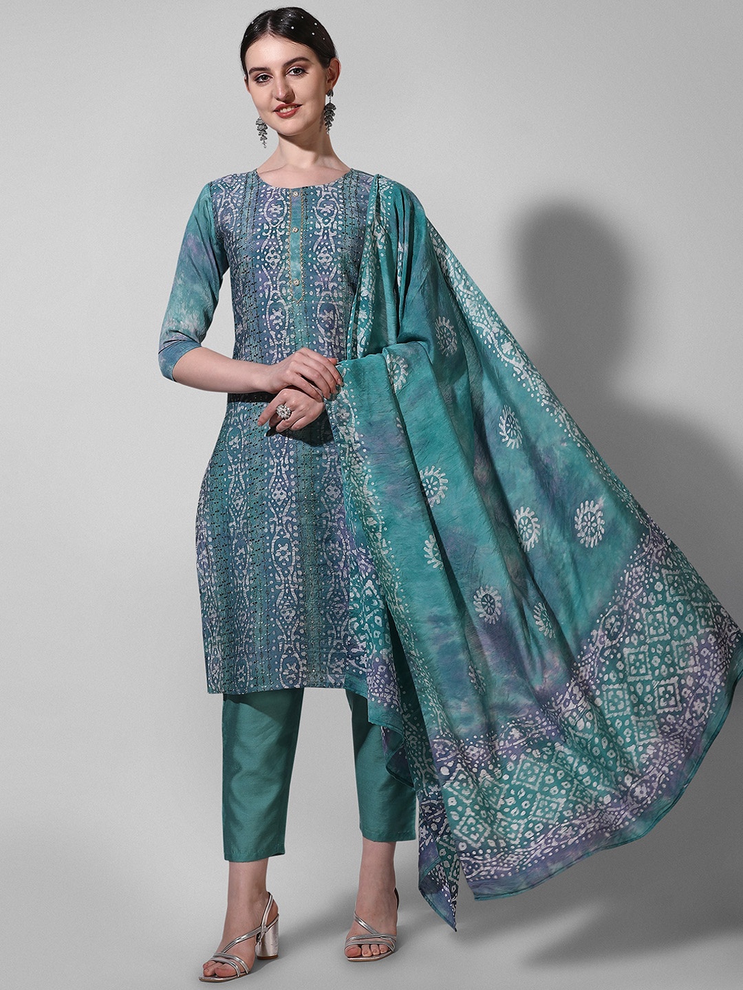

Berrylicious Bandhani Dyed Thread Work Chanderi Cotton Kurta With Trousers & Dupatta, Turquoise blue