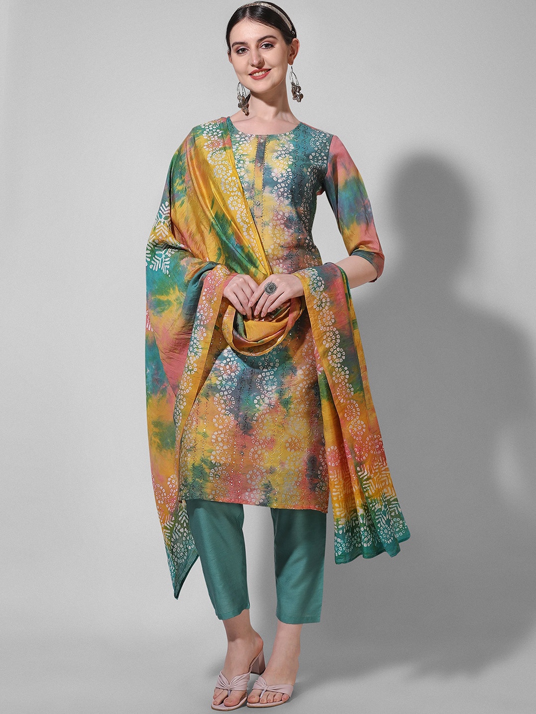 

Berrylicious Bandhani Printed Thread Work Chanderi Cotton Kurta With Trousers & Dupatta, Green