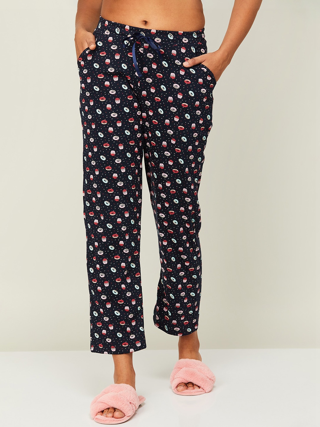 

Ginger by Lifestyle Women Printed Mid-Rise Cotton Lounge Pants, Navy blue