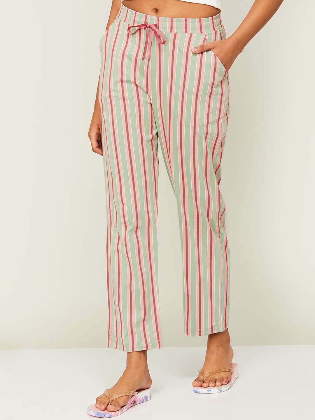 

Ginger by Lifestyle Women Striped Mid-Rise Cotton Lounge Pants, Green