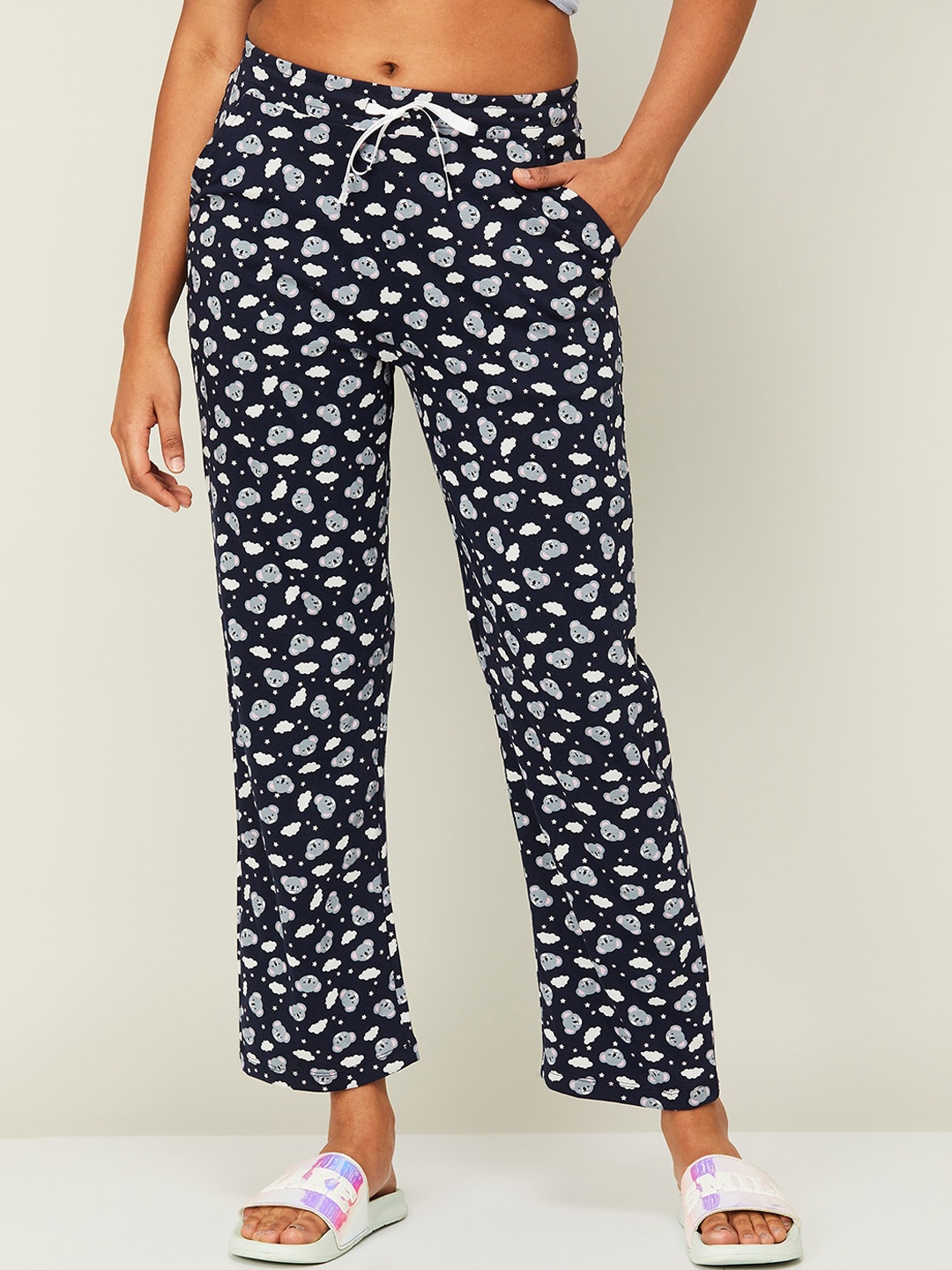 

Ginger by Lifestyle Women Printed Mid-Rise Cotton Lounge Pants, Navy blue