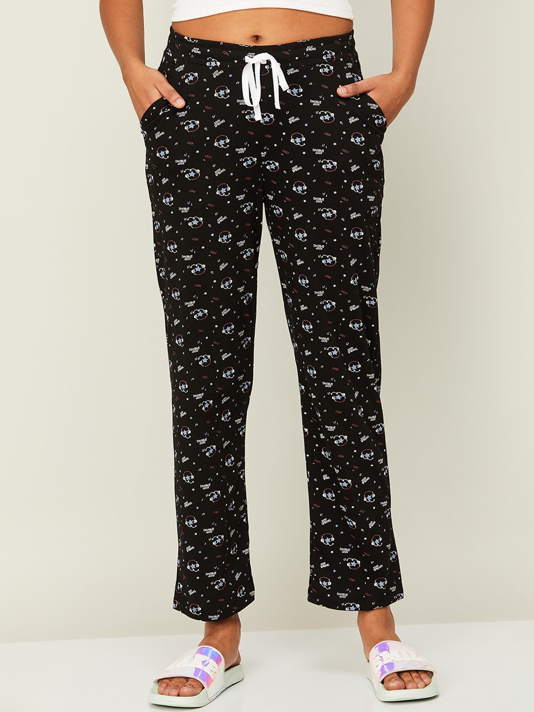 

Ginger by Lifestyle Women Printed Mid-Rise Cotton Lounge Pants, Black