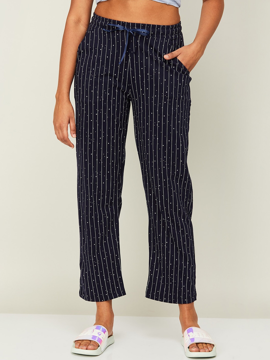 

Ginger by Lifestyle Women Striped Mid-Rise Cotton Lounge Pants, Blue