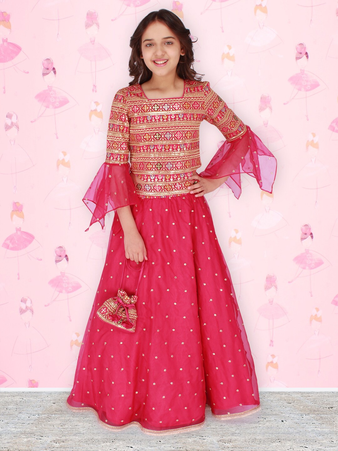

CUTECUMBER Girls Embellished Thread Work Ready to Wear Blouse & Lehenga Set, Fuchsia