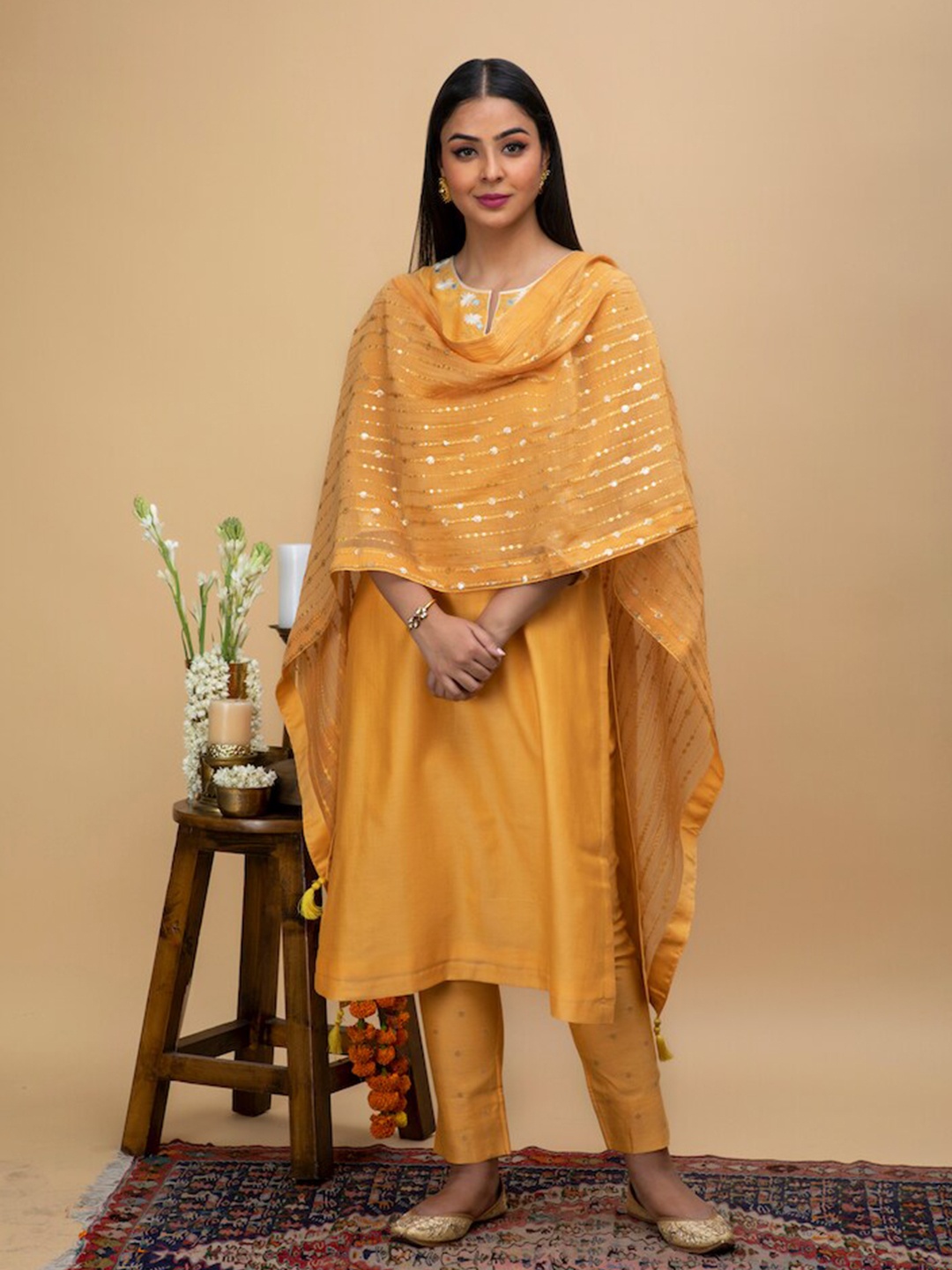 

SMRITI GUPTA Embroidered Sequinned Chanderi Dupatta, Mustard