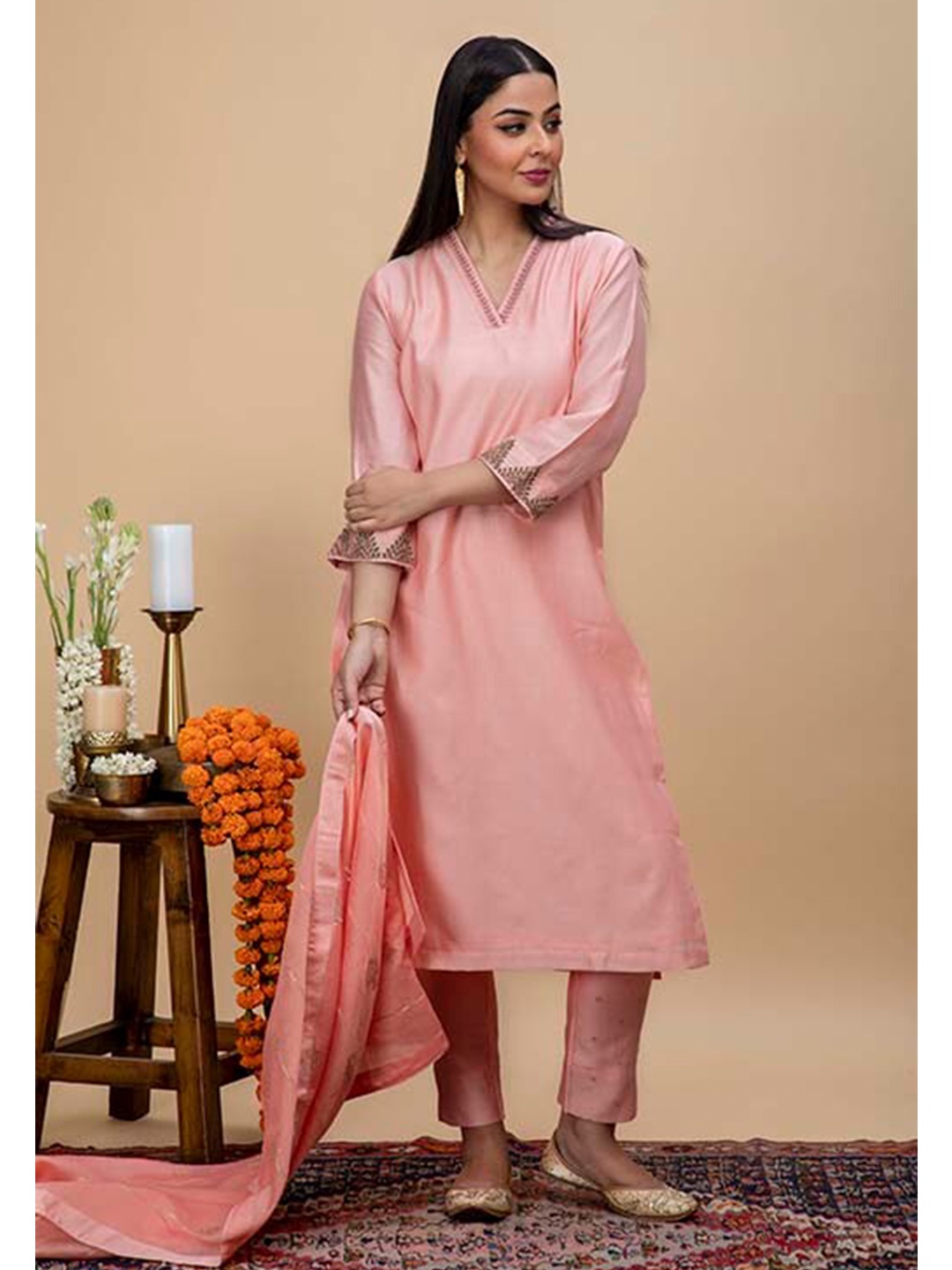 

SMRITI GUPTA Ethnic Motifs Woven Design Dupatta, Peach