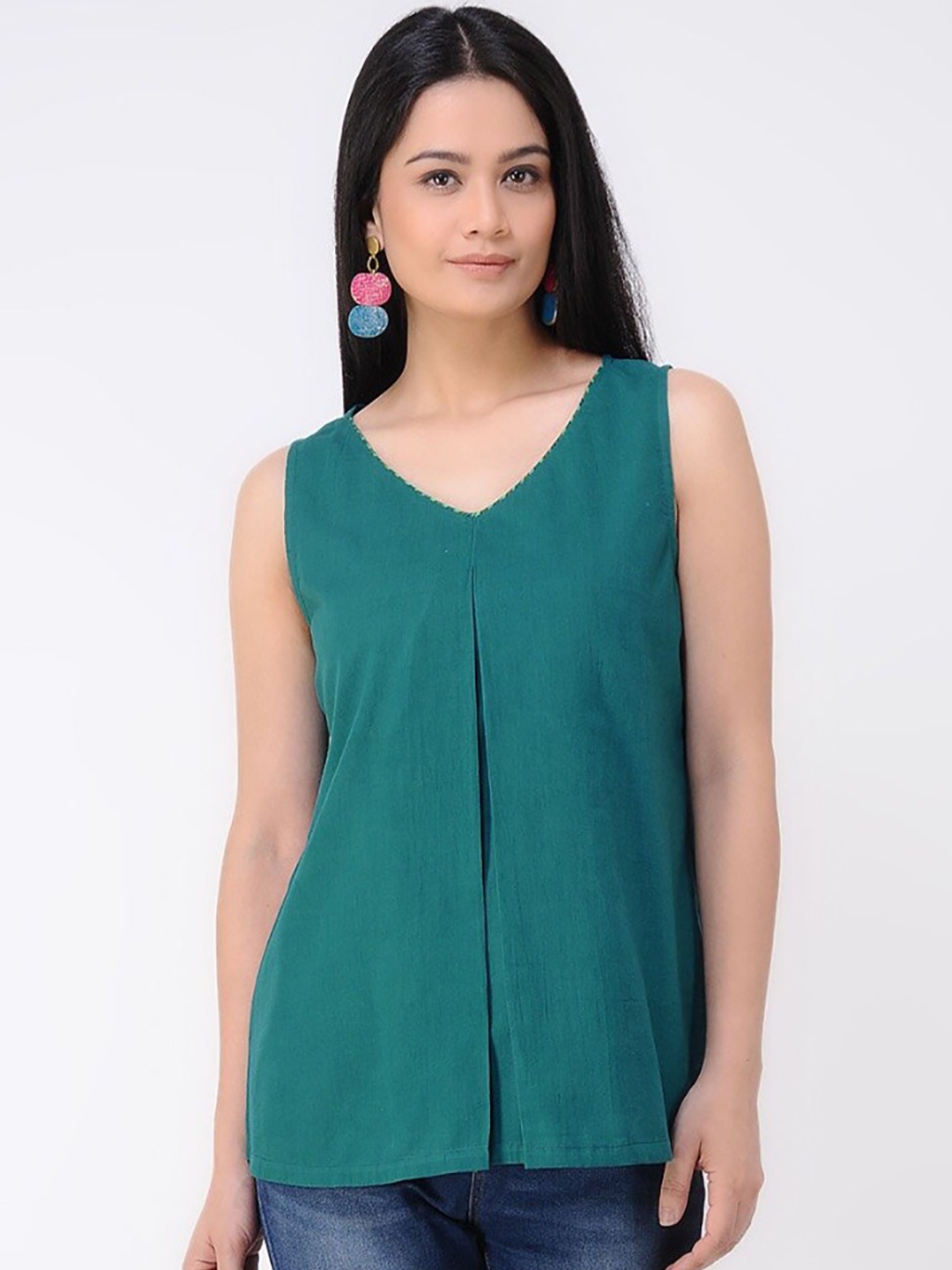 

SMRITI GUPTA V-Neck Sleeveless Pure Cotton Top, Green