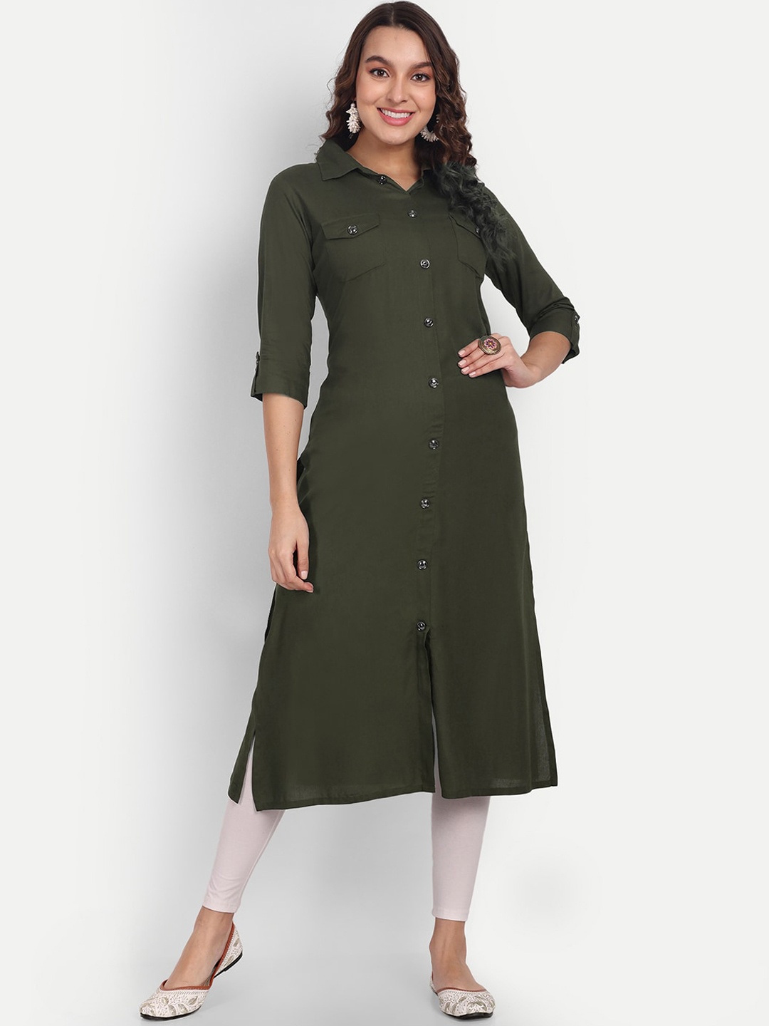 

Aarti Fashion Pocket Detail Multiple Slits Pathani Kurta, Olive